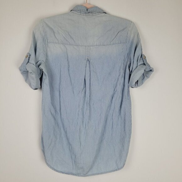 Cloth & Stone Distressed Chambray Stripe Button Front Popover Top XS - Picture 7 of 8